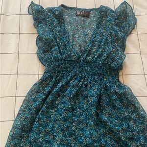 Floral Blue Dress with Ruffled Sleeves